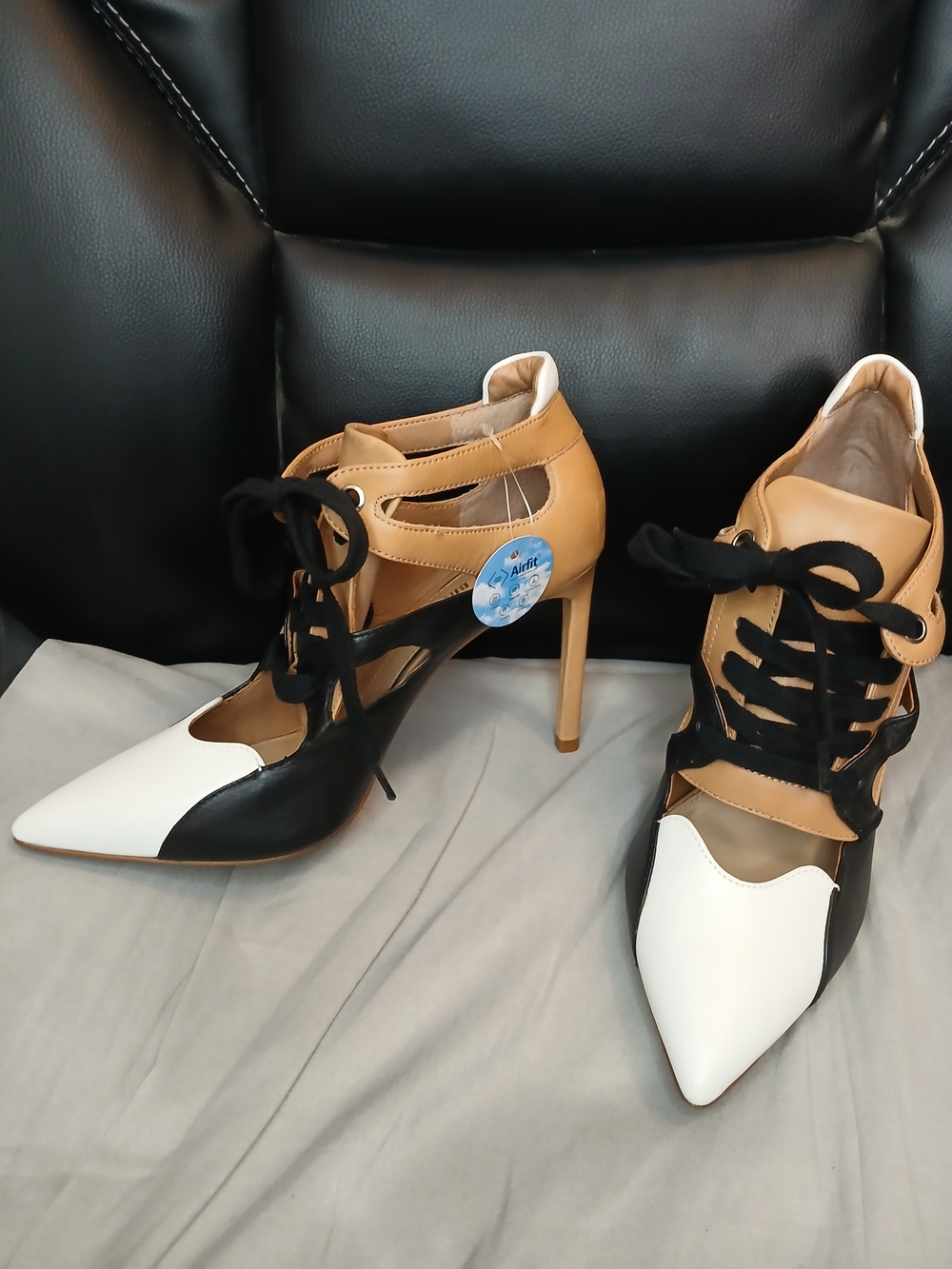 Gianni Bini Pointed Lace-Up Heels in White, Black & Tan